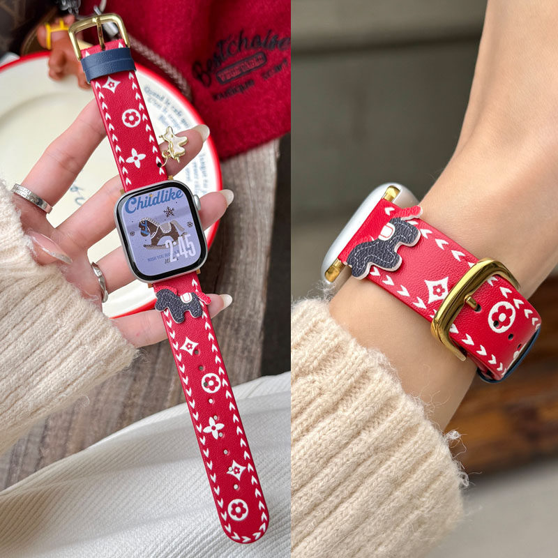 适用苹果iwatch S11代手表S10表带S98765432马年真皮SE新年红色表带Ultra2透气女新款腕带