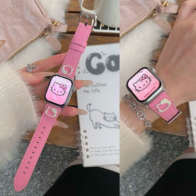 适用苹果iwatch S10手表S9表带可爱猫真皮表带S8/7/6/5/4/3高级感轻奢Ultra3/2女款腕带41mm/38/45