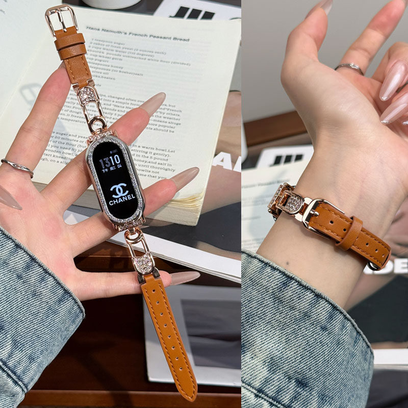 镶钻回形针真皮表带适用华为watch手环11手表表带11pro/10/9轻奢高级FIT4女新款腕带fit3透气小香风时尚钻壳