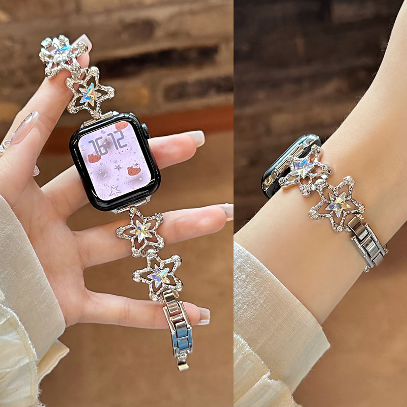 适用苹果iwatch S11代手表带S10表带S9876543星星锆石手链金属表带SE女新款腕带Ultra2设计款替换带轻奢高级