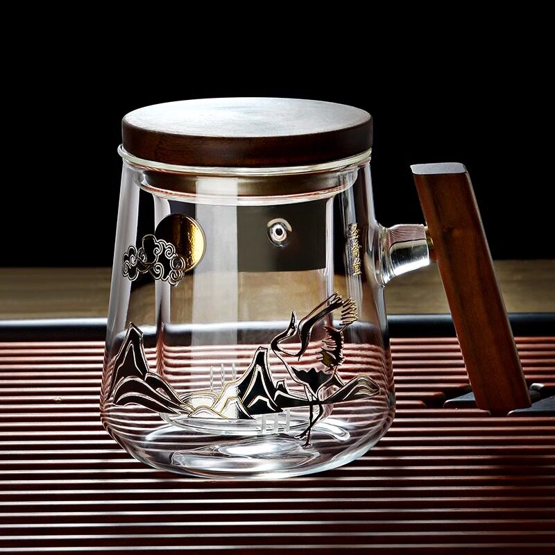 耐热玻璃泡茶杯加厚茶水分离带盖过滤内胆防烫木把水杯办公杯茶杯