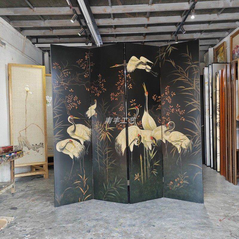 定制黑底屏风手绘仙鹤复古漆画折屏客厅隔断玄关办公室背景墙装饰