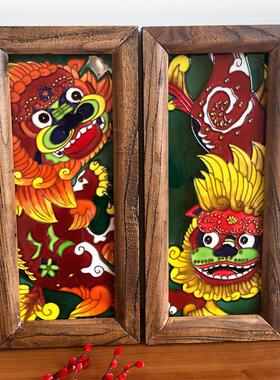 醒狮瓷板画玄关立体浮雕手绘陶瓷有框装饰挂画老榆木画框国风背景