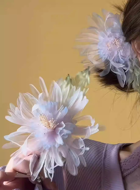 惊鸿倾心~淡紫菊花仿烫花薄纱绢花发夹！国风古风汉服发饰盘发器