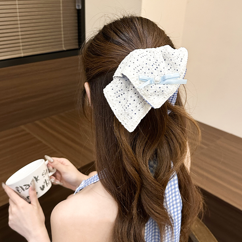 清新蓝格蕾丝双面蝴蝶结发圈