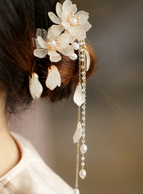 发夹女后脑勺清新玉兰花流苏边夹侧边少女头饰丸子头发饰旗袍古典