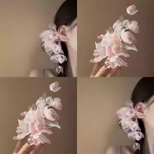 仙气古风渐变粉色烫花发夹花枝对夹头饰汉服发簪Lolita旗袍发饰品