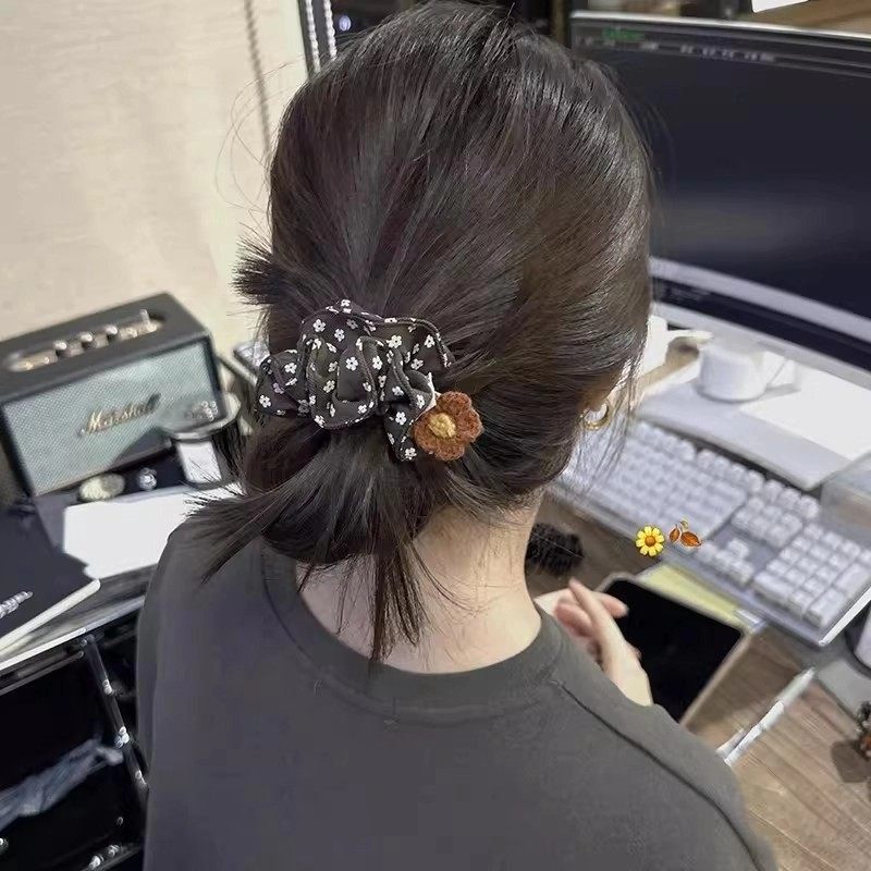 韩版布艺咖色碎花朵大肠发圈女高级感弹力耐用扎马尾丸子头绳发饰