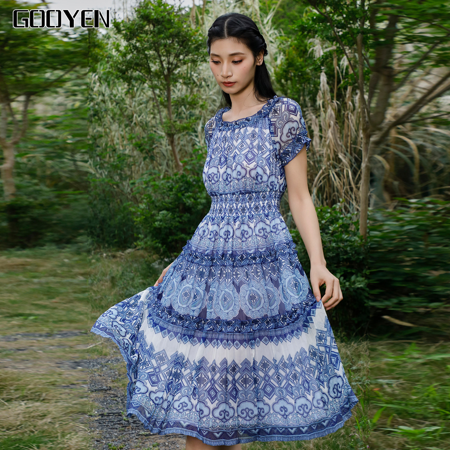 Gooyen/古源专柜正品永乐记忆圆领短袖连衣裙青花国风印花裙