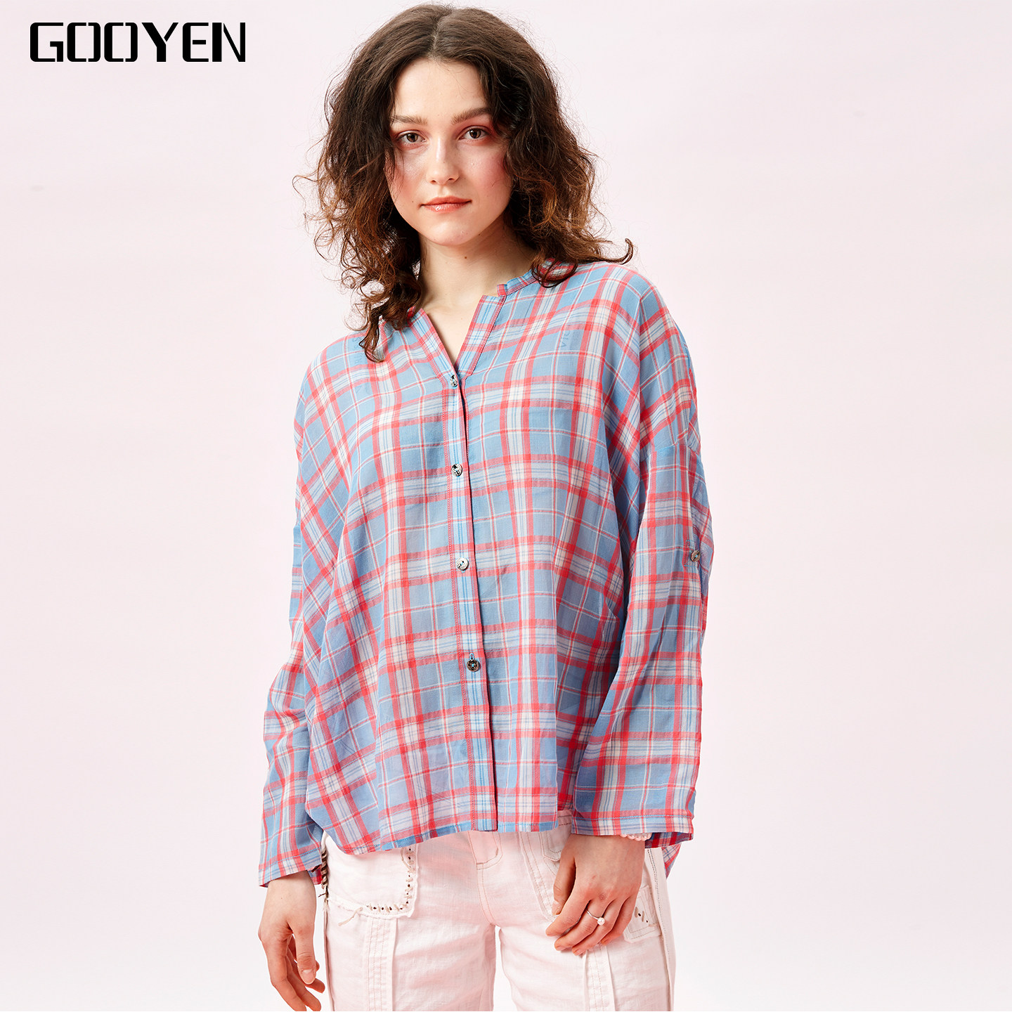 Gooyen|古源 专柜正品 时尚女格纹印花V领格子气质长袖衬衫