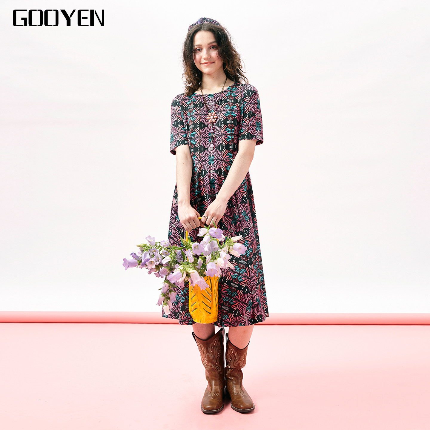 Gooyen|古源 专柜正品 [秋菊吟]度假风印花圆领短袖大摆连衣裙