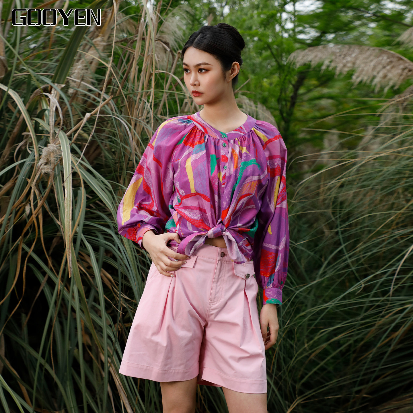 Gooyen|古源 专柜正品 多彩浪花长袖衬衫圆领印花宽松衬衫