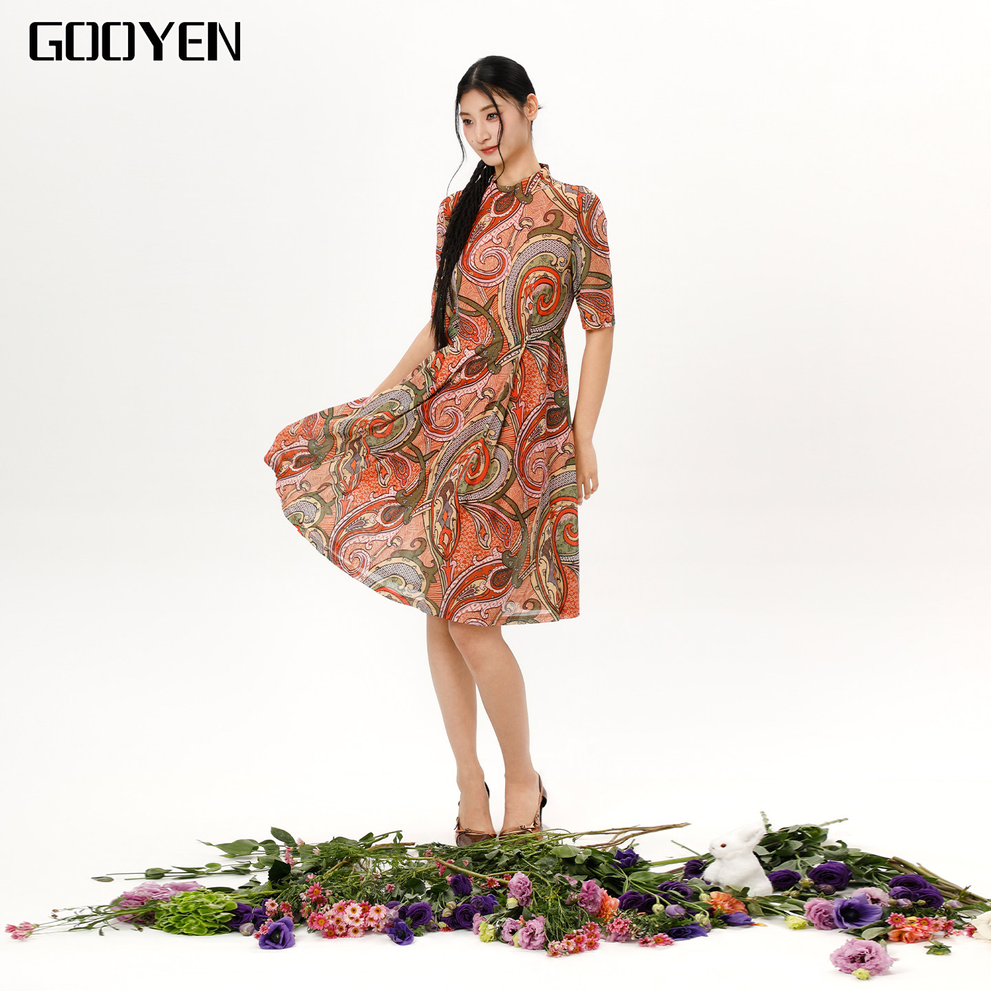 Gooyen/古源简约佩兹利立领中袖连衣裙女长袖V领收腰显瘦气质裙