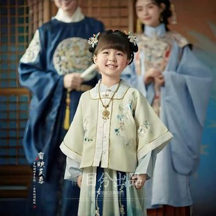 汉服女童秋新款儿童国风套装幼儿园活动明代小女孩古风.三件套米