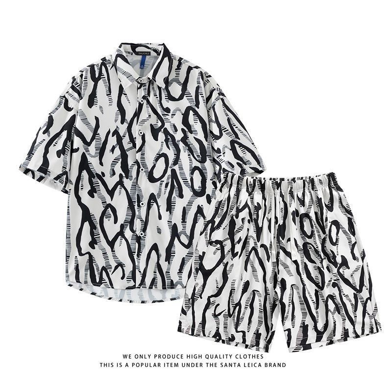 衬衫男夏季冰丝短袖花衬衣青年潮流沙滩休闲宽松上衣裤子两件套,男装,其他套装,淘宝优惠券,粉丝福利购,淘宝优惠卷