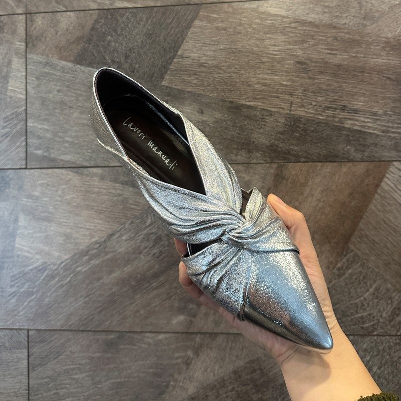 欧洲2025银色羊皮单鞋尖头镂空坡跟法式小凉鞋外穿夏包头半拖鞋女