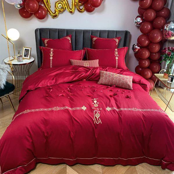 结婚 60支婚庆四件套 新婚大红刺绣全棉纯棉被套床单婚礼床上用品,床上用品,婚庆床品套件,淘宝优惠券,粉丝福利购,淘宝优惠卷
