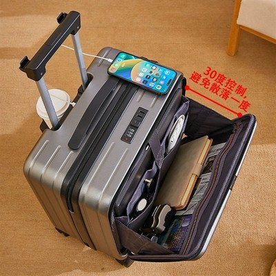 前开盖多功能行李箱18寸小型可登机拉杆箱轻便万向轮旅行箱男商务