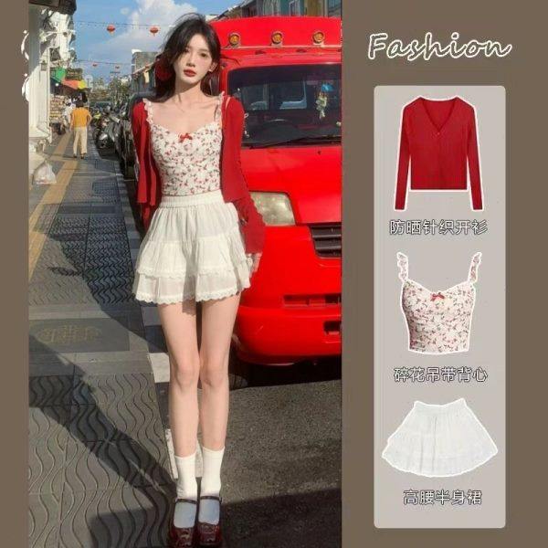 红色防晒长袖针织开衫女春季新款碎花吊带背心白色半身裙时尚套装,女装/女士精品,时尚套装,淘宝优惠券,粉丝福利购,淘宝优惠卷