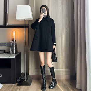 2025春秋新款 小个子斗篷双面羊绒大衣女中长款 黑色高级Z感毛呢外