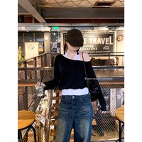 孔一粒撞色拼e接假兩件斜肩衛(wèi)衣女春季新款設計感美式短款露肩上