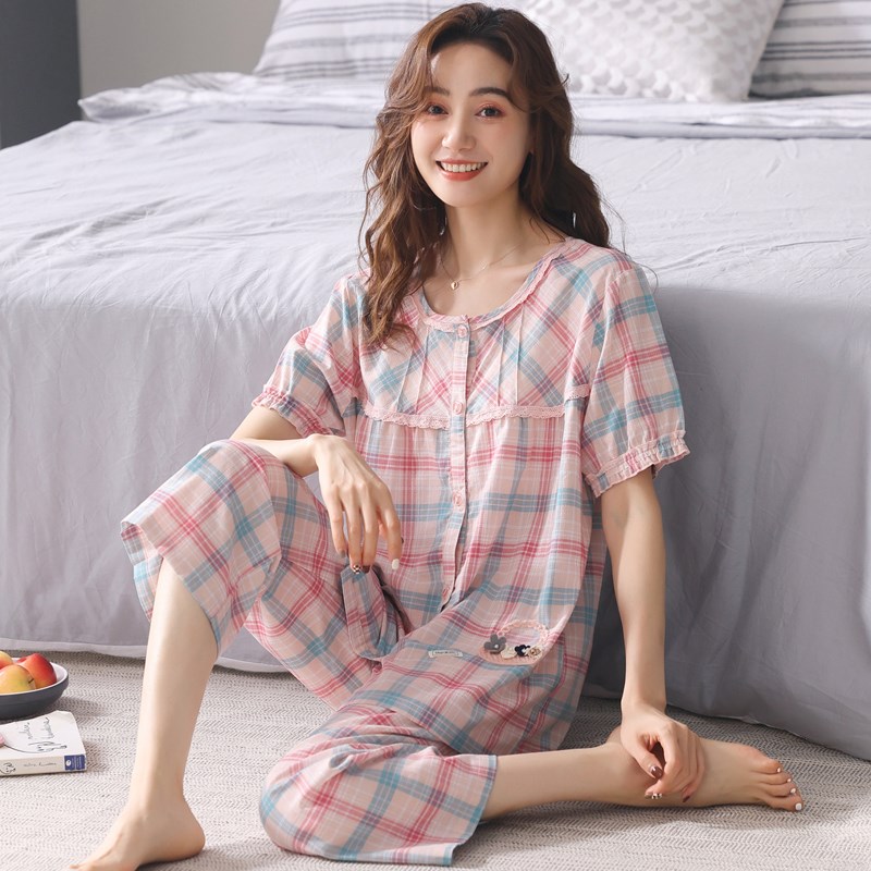 梭织棉纱a布睡衣女夏季纯棉短袖七分裤薄款夏天全棉女式家居服套