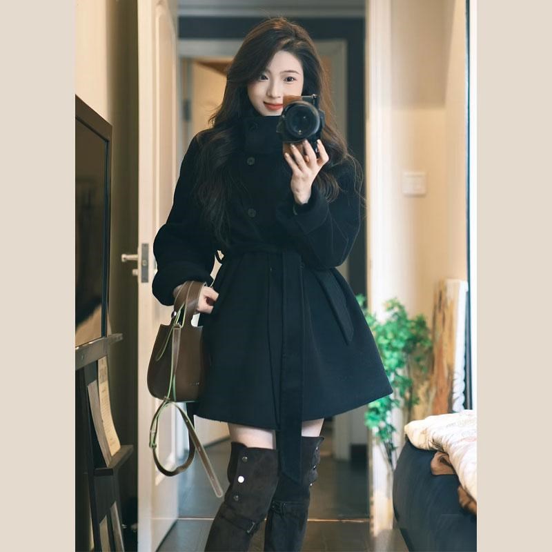 韩系高级感黑色系带毛呢外套女秋冬G季新款小个子中长款呢子大衣
