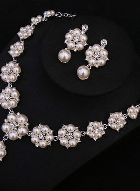 韩版珍珠项链耳环两件套 新娘高级感镶水晶钻珍珠链套装厂家