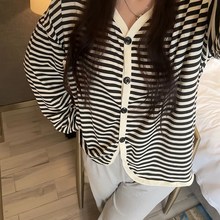 条纹睡衣女春f秋季2024年新款长袖V领舒适简约时尚学生家居服套装