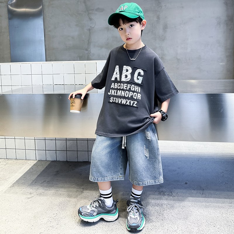 男童夏季薄款短袖套装2024新款潮牌儿童K装男孩纯棉T恤两件套夏装