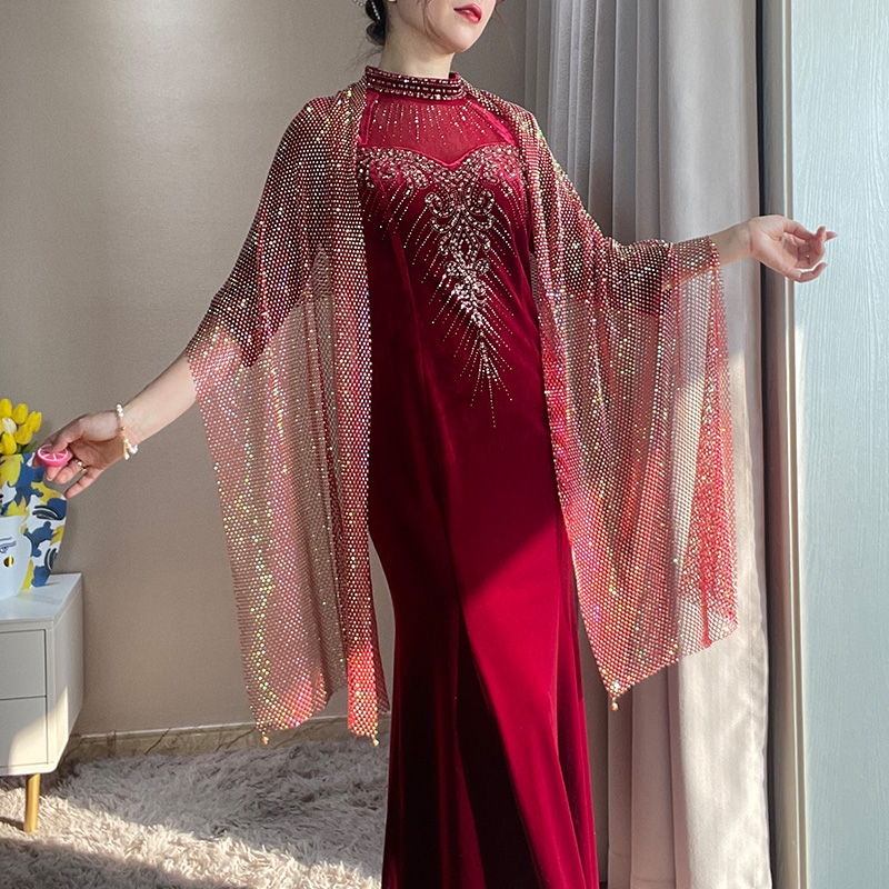 旗袍披肩b婚礼妈妈喜婆婆晚礼服外搭长款高端奢华满钻镂空夏季薄