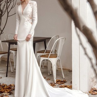 法式轻婚c纱新娘长袖V领缎面蕾丝迎宾出门纱鱼尾礼服拖尾显瘦秋季