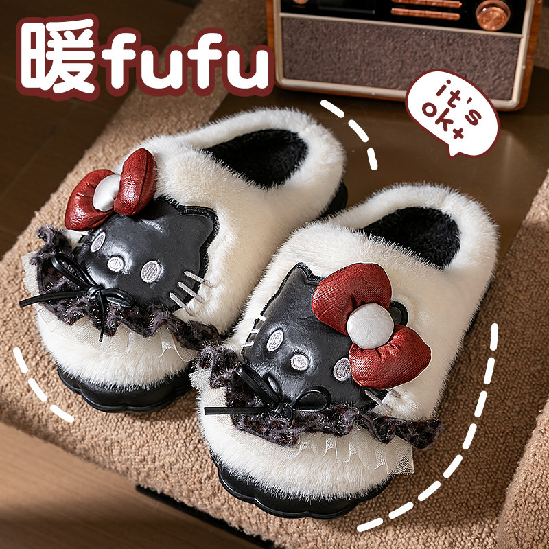 可爱KT猫棉拖鞋女款2025新款秋冬季卡通小猫防滑保暖踩屎感棉拖鞋