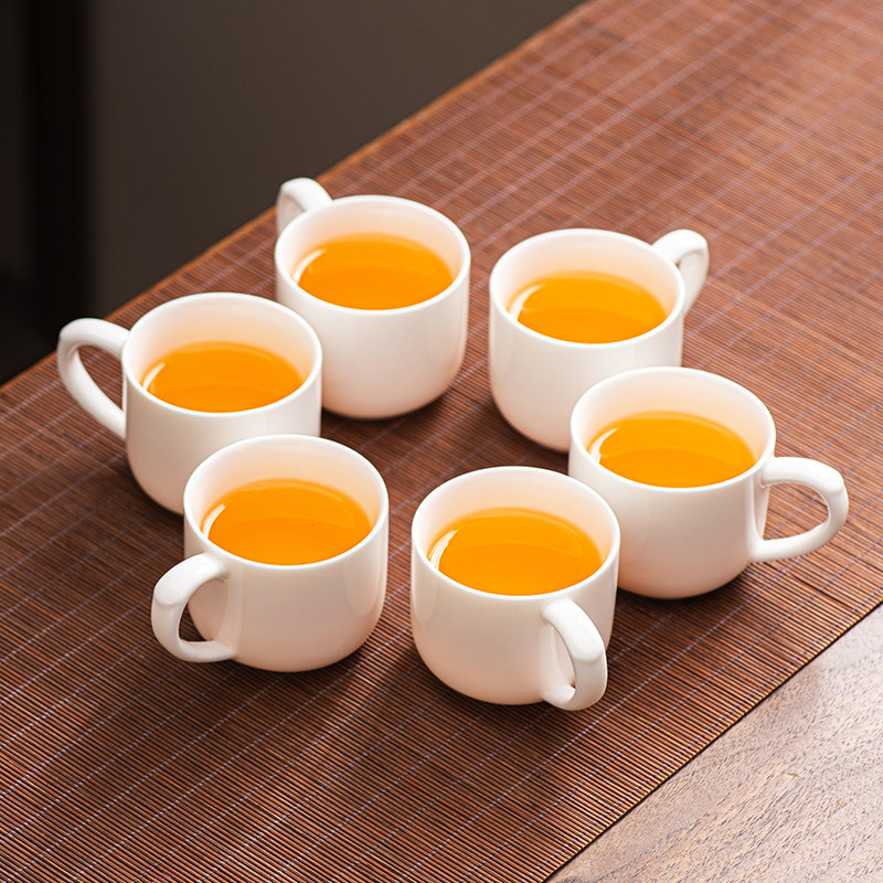 羊脂玉茶杯套装品茗杯带把主人杯家用办公白瓷6祇装小水杯130ml