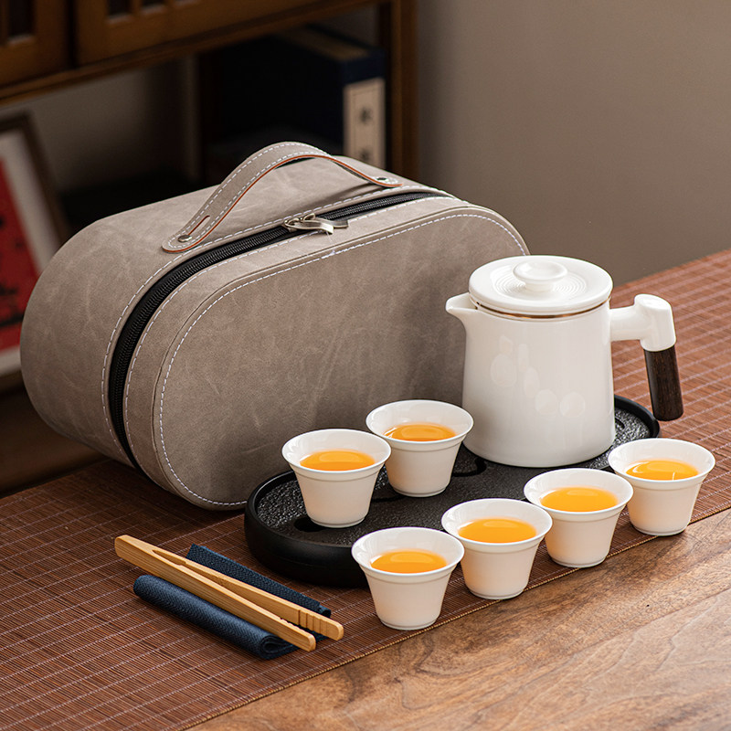 羊脂玉旅行茶具套装便携式白瓷快客杯一壶六杯茶壶户外露营喝茶