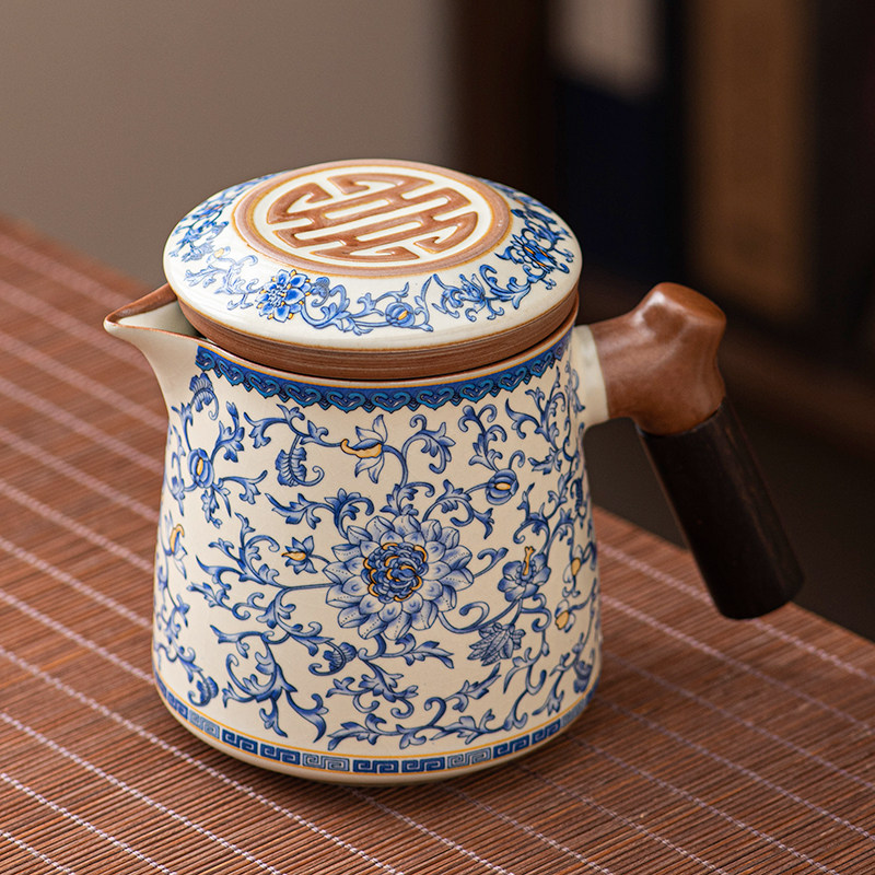 汝窑青花茶壶泡茶壶茶水分离家用办公陶瓷单壶大号功夫茶具带内胆
