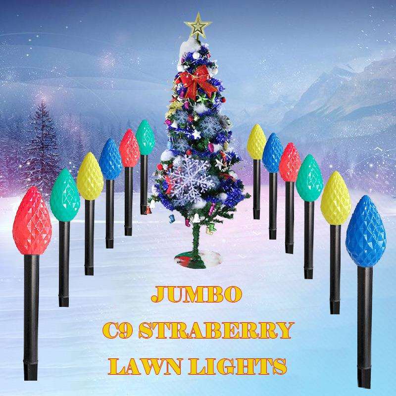 跨境新款太阳能一拖十二C9草莓LED灯串圣诞节花园庭院装饰地插灯