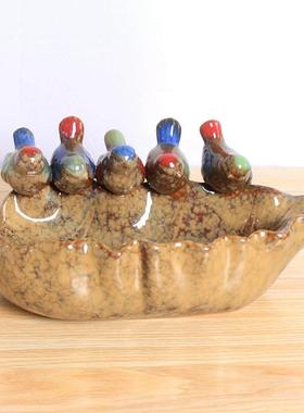 陶瓷大五福鸟工艺品田园风格家居五福鸟装饰摆设陶瓷果盘8538