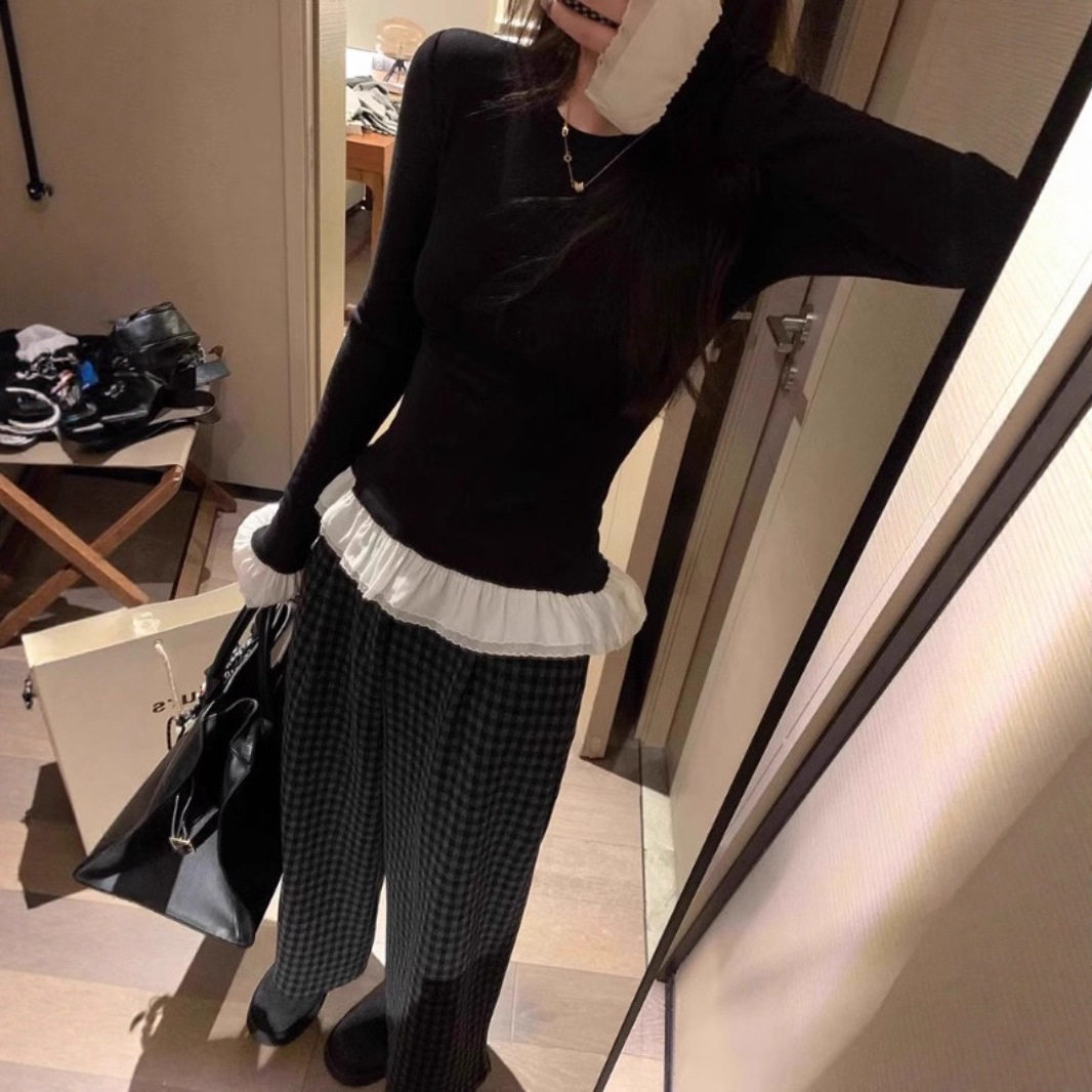 灰色蕾丝花边拼接打底衫女2025新款秋冬内搭长袖t恤修身显瘦上衣,女装/女士精品,皮裤,淘宝优惠券,粉丝福利购,淘宝优惠卷