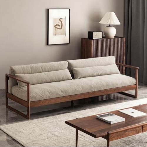 北欧实木布艺沙发小户型简约黑胡桃木直排客厅沙发真皮奶油风