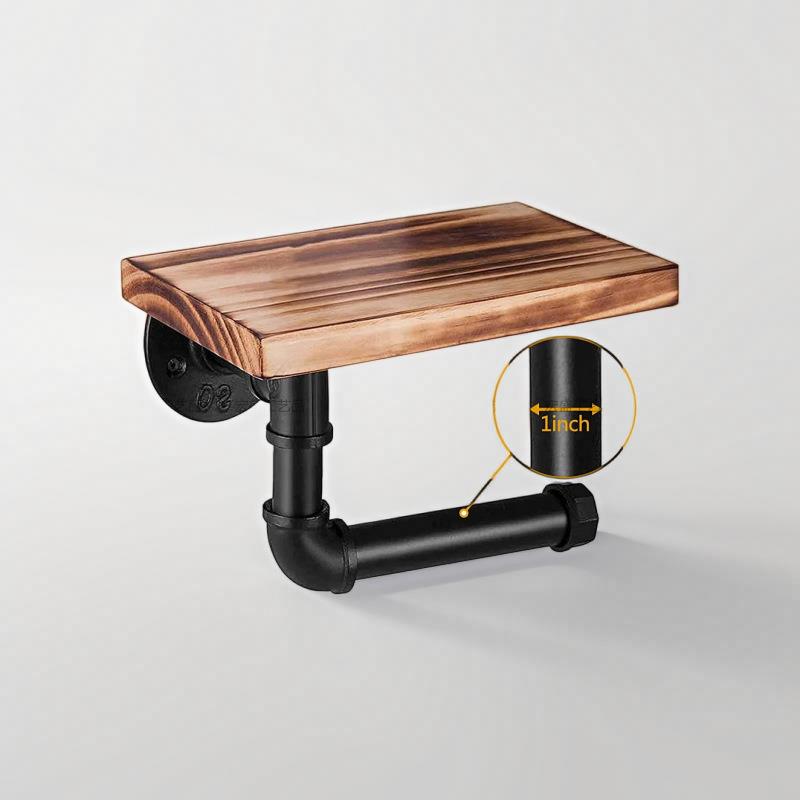 复古实木墙上纸巾架铁艺做旧水管置物架卫生间创意壁挂卷纸架