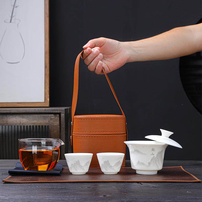 羊脂玉瓷可悬停三才盖碗变色旅行茶具套装便携式户外出差泡茶装备