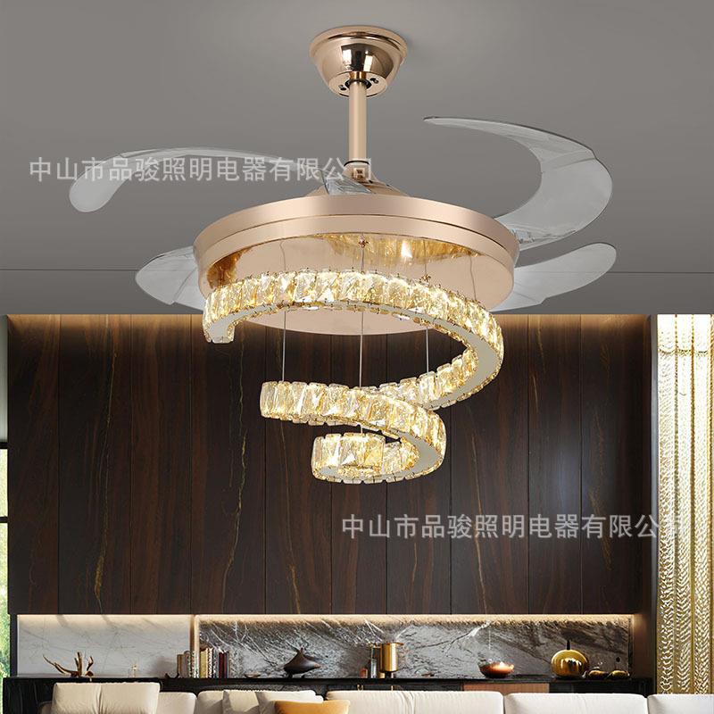 2025新款跨境客厅水晶隐形风扇灯欧式吊扇灯客厅卧室餐厅电扇吊灯