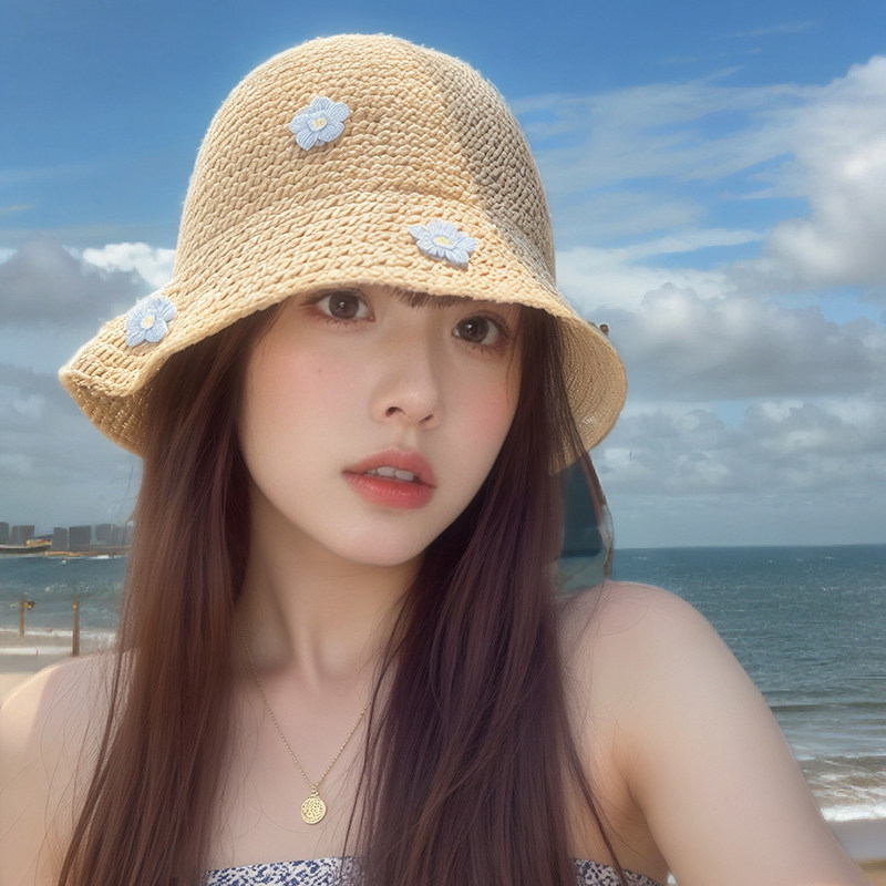 防晒帽夏季蓝色草编花朵镂空草帽手工遮阳太阳帽子女大帽檐渔夫帽