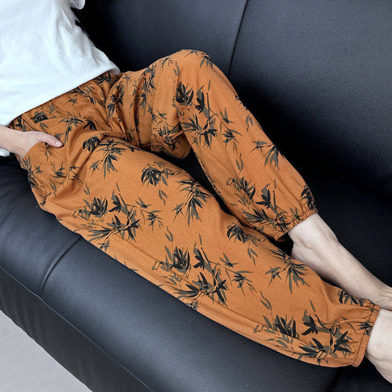 夏季亲肤款棉绸睡裤女士夏季大码人造棉沙滩防蚊长裤女家居绵绸裤