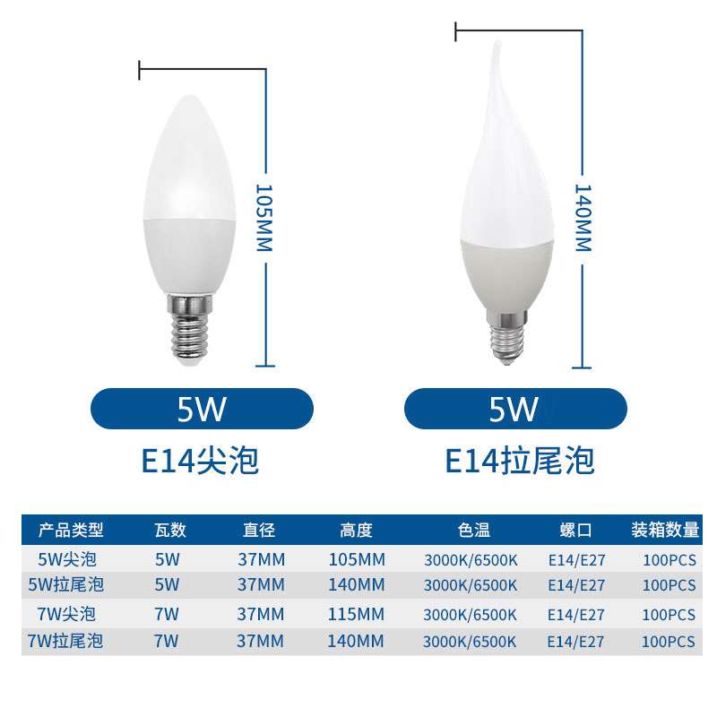 led蜡烛灯泡e14小螺口5W三色变光尖泡拉尾吊灯光源e27节能灯