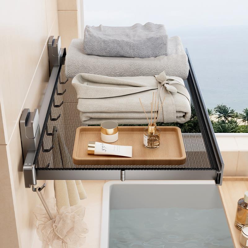 浴室吸盘伸缩浴巾架毛巾架卫生间放衣服厕所免打孔折叠置物架