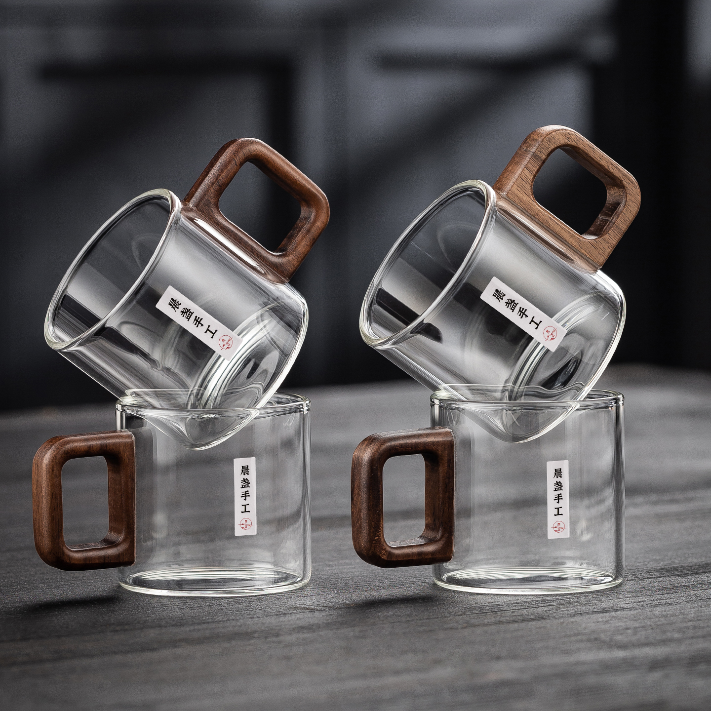 玻璃杯品茗杯家用胡桃木茶杯