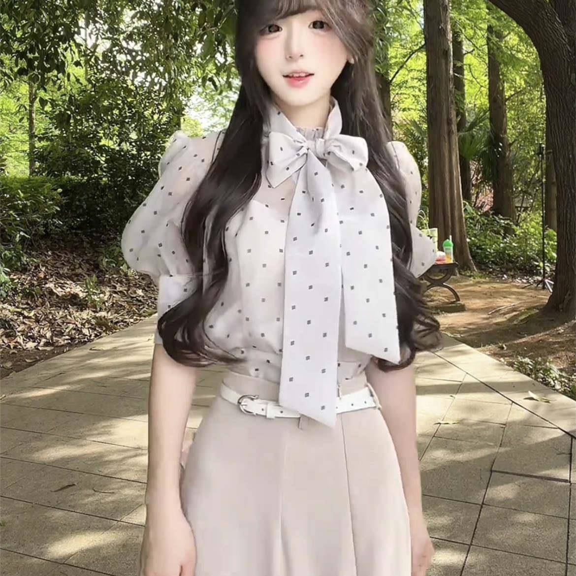 法式气质蝴蝶结波点网纱雪纺衬衫女夏季高腰包臀鱼尾长裙两件套装