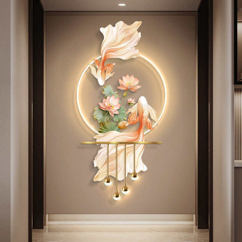 荷花玄关现代装饰画入户九鱼挂画LED灯光画高级感立体艺术壁灯图片